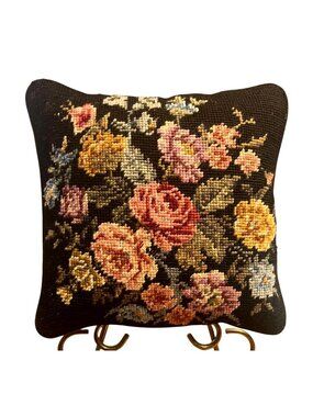 Vtg Needlepoint Floral Pillow Hand Stitched 9x8" Black Velvet Backing Zipper Clo